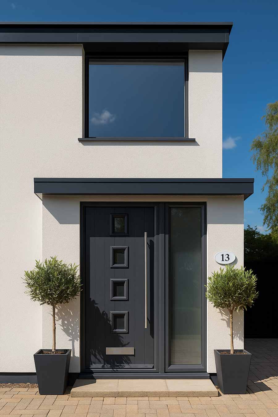 grey modern composite door with long contemporary bar handle
