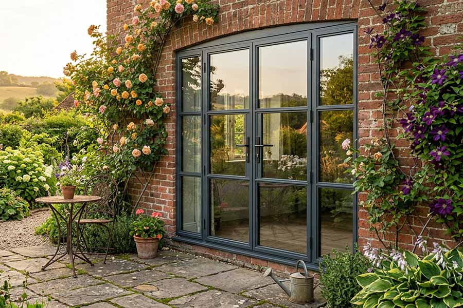grey aluminium heritage french doors and side panels